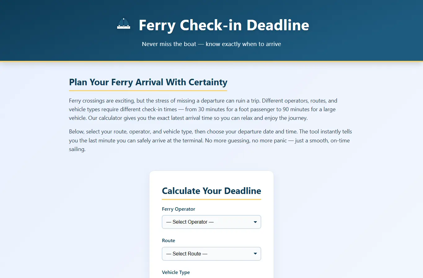 Screenshot of Ferry Check‑in Deadline Calculator interface showing the project page in use
